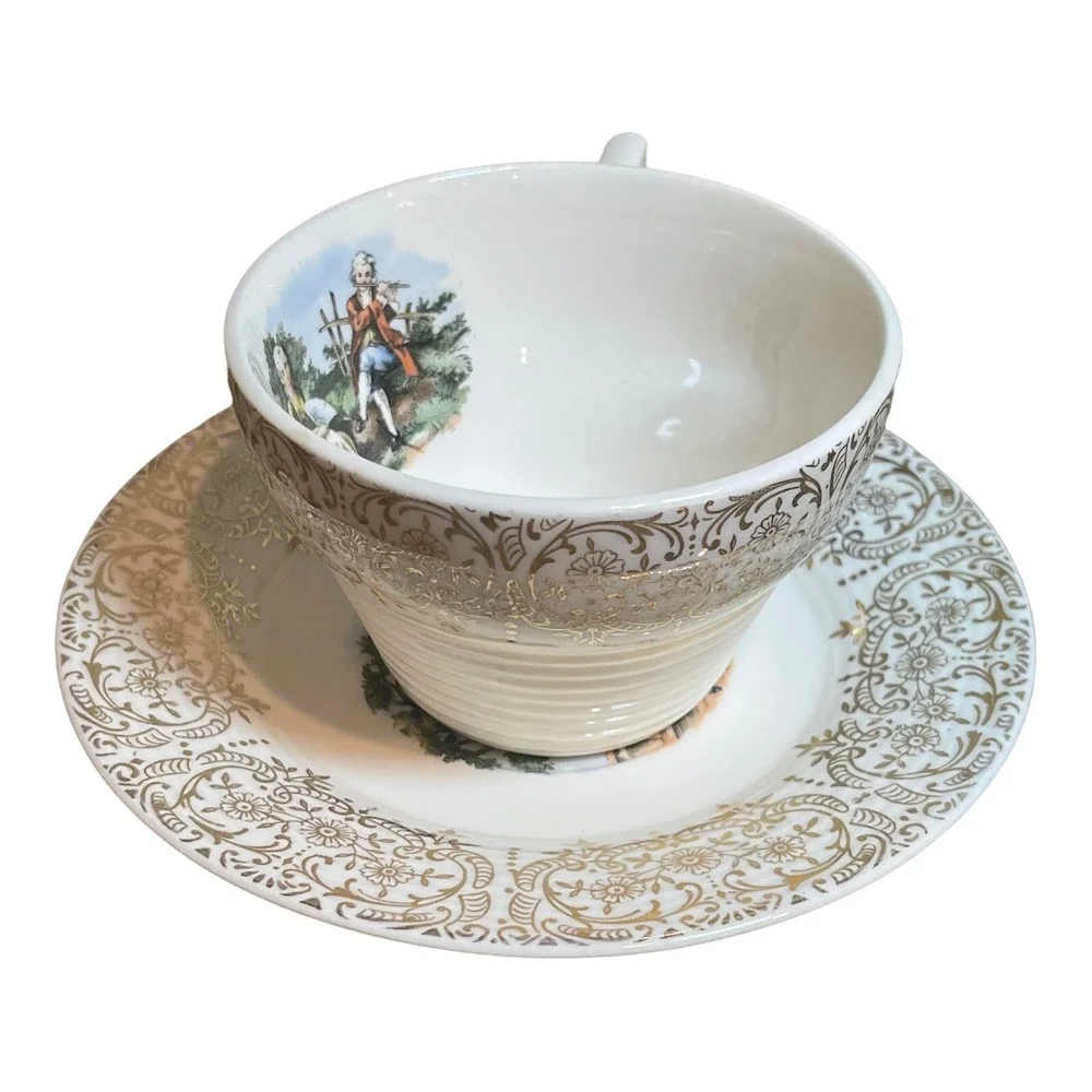 Sebring Pottery Cup Saucer Chantilly USA 22k Gold Courting Couple Porcelain Gilt